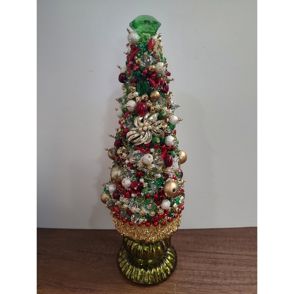 Handmade Vintage Jewelry Christmas Tree Upcycled Art Red Green Gold White